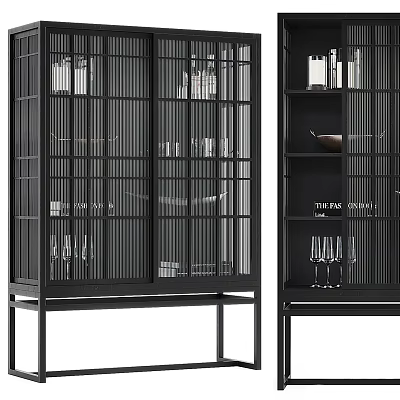 Modern Black Frame Display Cabinet With Glass Doors Wine Glasses And Decorative Items 3d model