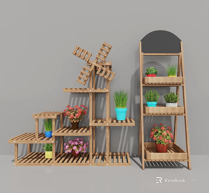 Garden Decorative Ornaments With Wooden Multi tiered Shelves Potted Plants Colorful Flowers And Windmill 3d model 