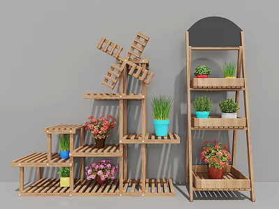 Garden Decorative Ornaments With Wooden Multi tiered Shelves Potted Plants Colorful Flowers And Windmill 3d model