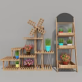 Garden Decorative Ornaments With Wooden Multi tiered Shelves Potted Plants Colorful Flowers And Windmill