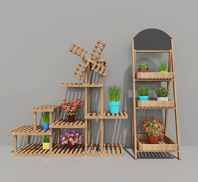 Garden Decorative Ornaments With Wooden Multi tiered Shelves Potted Plants Colorful Flowers And Windmill 3d model
