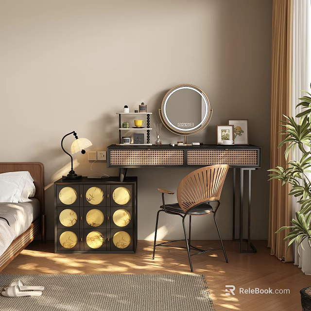 Modern Dressing Table With Rattan Design Round Mirror Chair Lamp And Potted Plant 3d model 