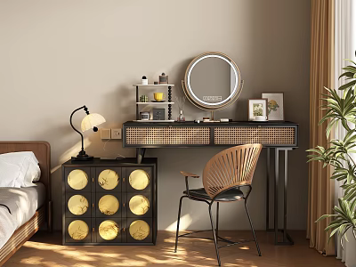 Modern Dressing Table With Rattan Design Round Mirror Chair Lamp And Potted Plant 3d model