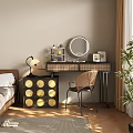 Modern Dressing Table With Rattan Design Round Mirror Chair Lamp And Potted Plant