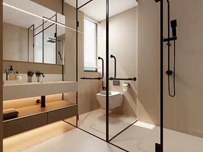 Modern Bathroom Interior With Glass Shower Enclosure White Vanity And Recessed Lighting 3d model