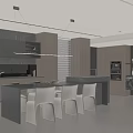 Modern Restaurant Open Kitchen Interior With Island Counter White Chairs And Cabinets