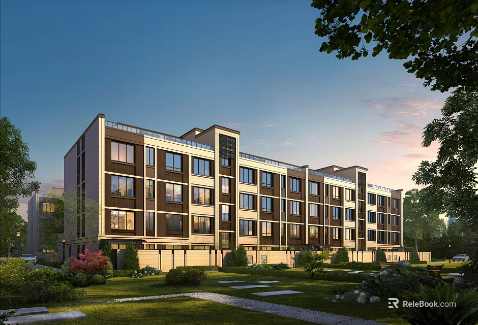 Modern Multistory Residential Building with Large Windows Surrounded by Greenery Lawns Trees Under Sunset Sky 3d model 