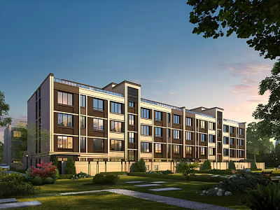 Modern Multistory Residential Building with Large Windows Surrounded by Greenery Lawns Trees Under Sunset Sky 3d model