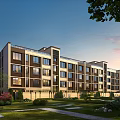 Modern Multistory Residential Building with Large Windows Surrounded by Greenery Lawns Trees Under Sunset Sky
