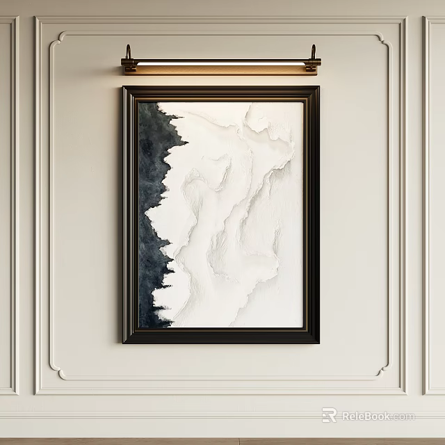 Modern Abstract Painting With Black Frame And Black White Textured Pattern Hung On Light Wall 3d model 