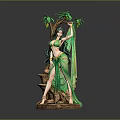 Detailed Female Figure Sculpture In Green Attire With Palm Tree And Carved Base