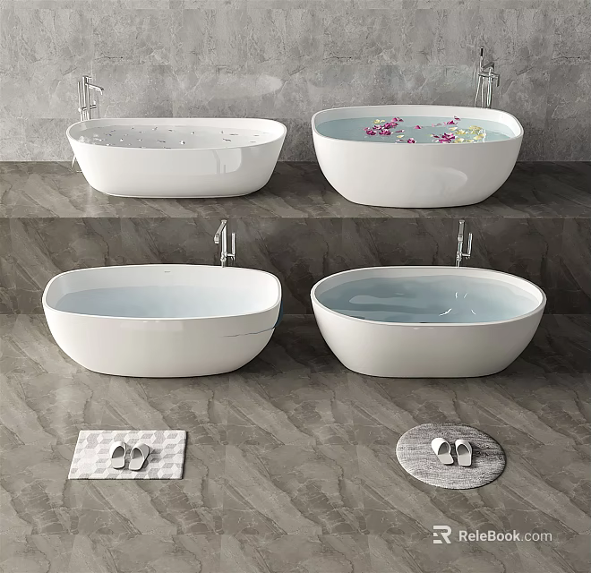 Four White Freestanding Bathtubs in Gray Floor Setting With Bath Mats and Slippers 3d model 
