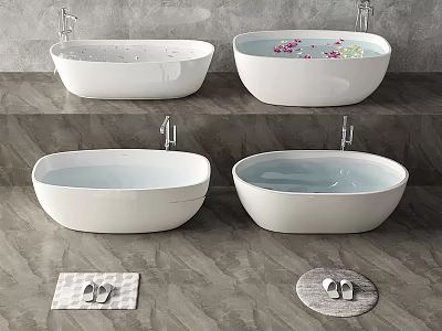 Four White Freestanding Bathtubs in Gray Floor Setting With Bath Mats and Slippers 3d model