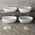 Four White Freestanding Bathtubs in Gray Floor Setting With Bath Mats and Slippers