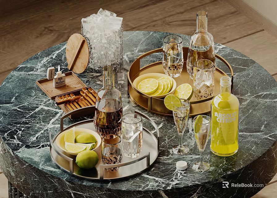 Refreshing Beverages with Bottles Glasses Lemon Slices Ice Cubes and Trays on Marble Table 3d model 