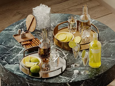 Refreshing Beverages with Bottles Glasses Lemon Slices Ice Cubes and Trays on Marble Table 3d model