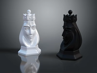 White And Black Chess King Pieces With Detailed Faces On Sleek Surface 3d model