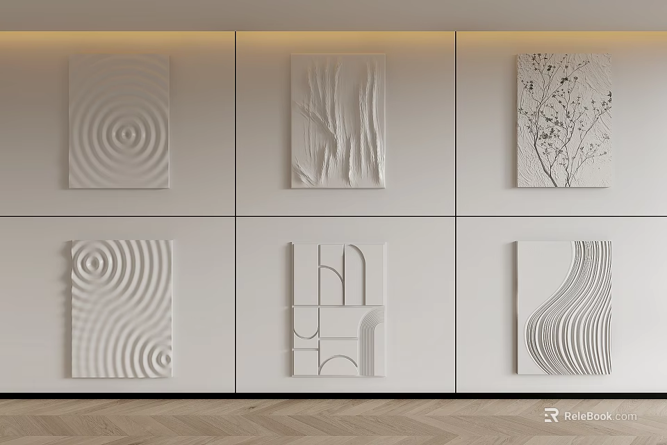 Modern Minimalist Wall Decorations With Diverse Textured Artworks On White Wall 3d model 
