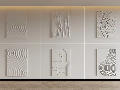 Modern Minimalist Wall Decorations With Diverse Textured Artworks On White Wall 3d model
