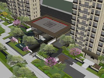 Residential Garden Landscape Design With High Rise Buildings Green Plants And Walkways 3d model