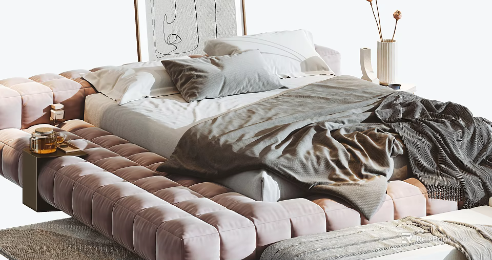 Comfortable Double Bed With Soft Bedding Gray Blanket Pink Tufted Bench And Decorative Painting 3d model 