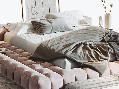 Comfortable Double Bed With Soft Bedding Gray Blanket Pink Tufted Bench And Decorative Painting 3d model