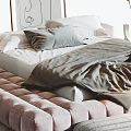 Comfortable Double Bed With Soft Bedding Gray Blanket Pink Tufted Bench And Decorative Painting