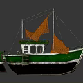 Green And White Fishing Boat With Orange Net Cabin And Ladder Exterior