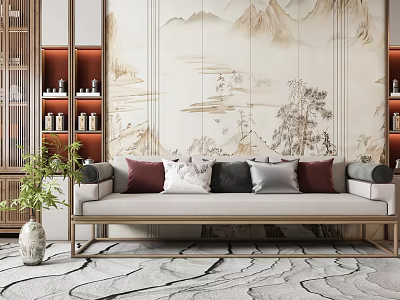 Multi person Sofa With Decorative Pillows In Chinese Interior With Landscape Mural And Green Plant 3d model