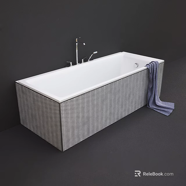 Modern White Interior Bathtub With Checkerboard Tile Design And Blue Towel 3d model 