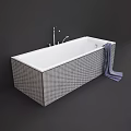 Modern White Interior Bathtub With Checkerboard Tile Design And Blue Towel