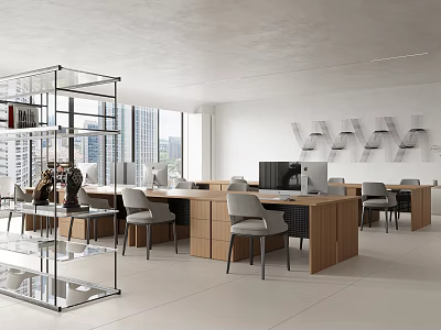 Modern Public Office Area Interior With Open Layout Wooden Desks And Ergonomic Chairs 3d model