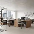 Modern Public Office Area Interior With Open Layout Wooden Desks And Ergonomic Chairs