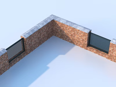 Brick Wall Corner Structure With Louvered Window Shutters And Gray Masonry Top Coping 3d model