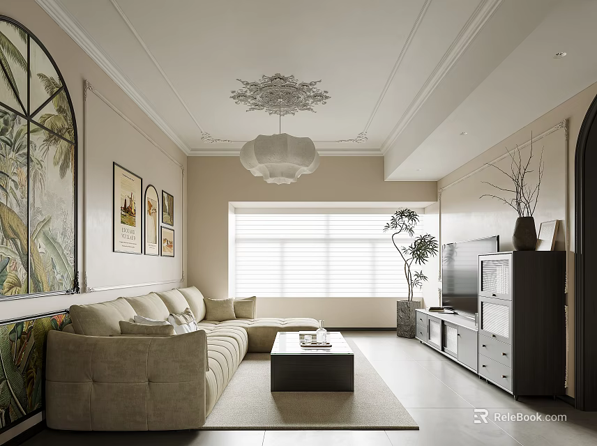 Modern Elegant Living Room Interior With Beige Sofa Coffee Table Chandelier And Decorative Paintings 3d model 