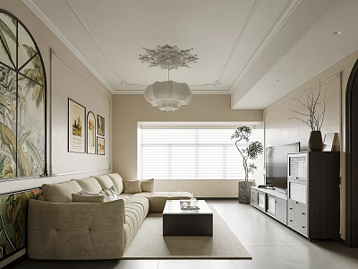 Modern Elegant Living Room Interior With Beige Sofa Coffee Table Chandelier And Decorative Paintings 3d model
