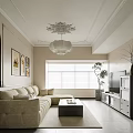 Modern Elegant Living Room Interior With Beige Sofa Coffee Table Chandelier And Decorative Paintings