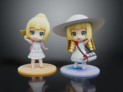 Cute Anime Character Figurines With Blond Hair Wide Brim Hat White Dress And Colorful Bases 3d model