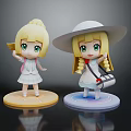 Cute Anime Character Figurines With Blond Hair Wide Brim Hat White Dress And Colorful Bases