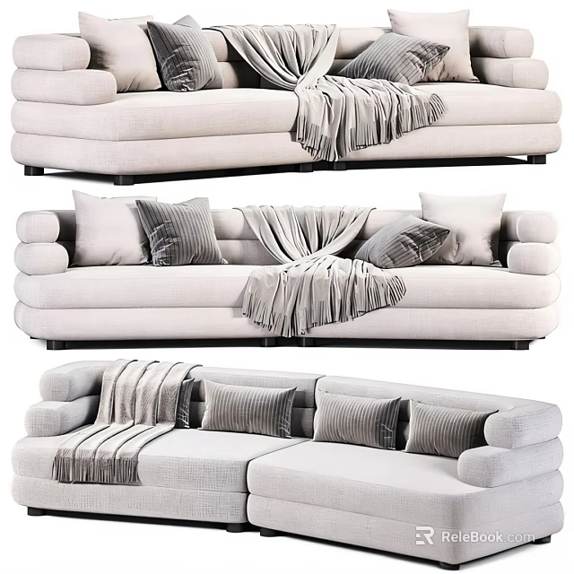 Light Colored Sectional Sofa with Gray Cushions and Soft Blanket Displayed from Multiple Angles 3d model