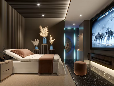 Modern SPA Sauna Interior With Comfortable Bed Decorative Plants TV And Ambient Lighting 3d model