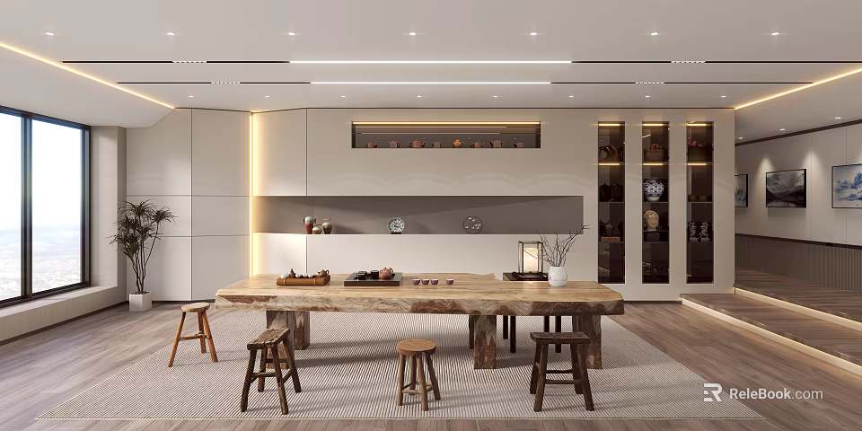 Modern Tea Room Interior With Wooden Table Stools And Cabinets 3d model