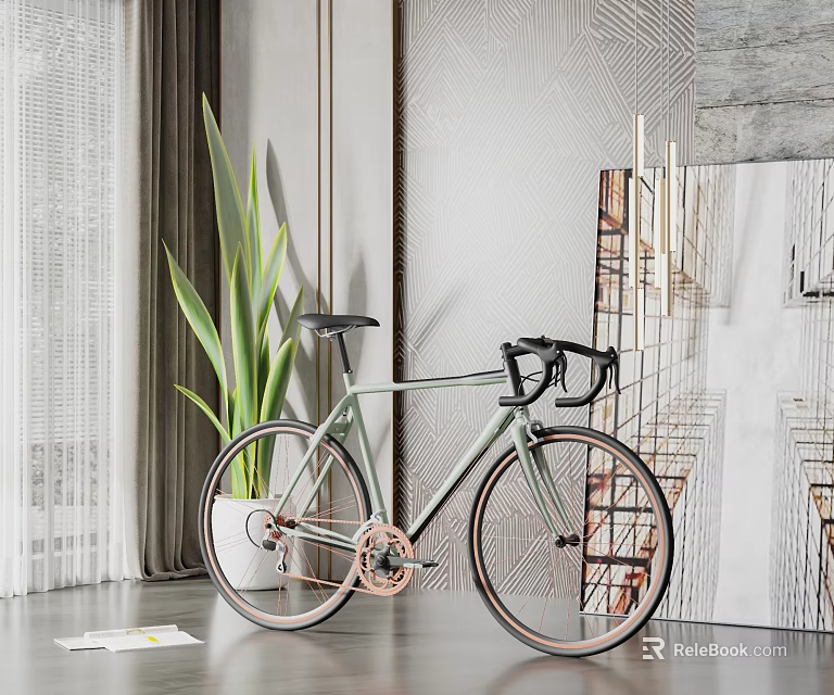 Modern Light Green Bicycle Indoor With Tall Green Plant And Textured Wall Decor 3d model 