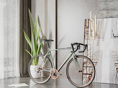 Modern Light Green Bicycle Indoor With Tall Green Plant And Textured Wall Decor 3d model