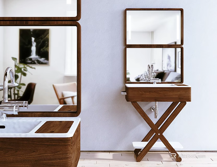 Modern Wooden Washbasin Vanity With X Shaped Stand And Rectangular Mirror 3d model 