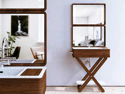 Modern Wooden Washbasin Vanity With X Shaped Stand And Rectangular Mirror 3d model
