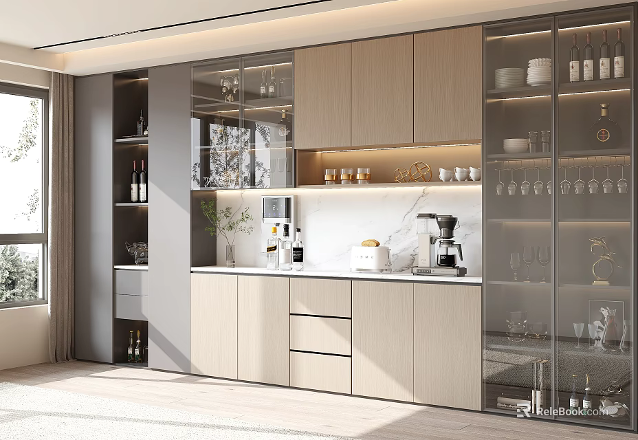 Elegant Modern Wine Cabinet With Glass Doors Wooden Shelves And Built-in Lighting 3d model 