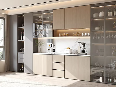 Elegant Modern Wine Cabinet With Glass Doors Wooden Shelves And Built-in Lighting 3d model