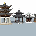 Various Traditional Chinese Pavilions With Unique Rooftop Designs Under Clear Blue Sky