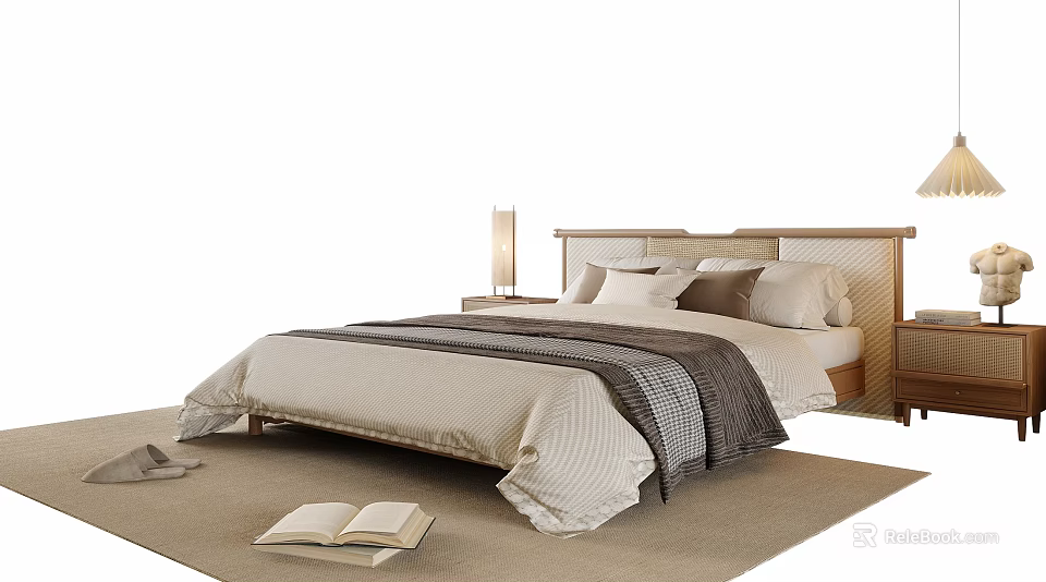 Modern Double Bed Interior With Wooden Headboard Neutral Linens Gray Throw And Open Book 3d model 